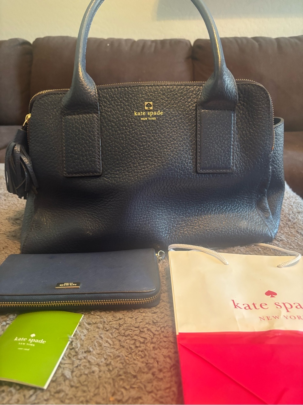 kate spade Black Pebbled Leather Satchel with Tassel Charm and Gold Logo